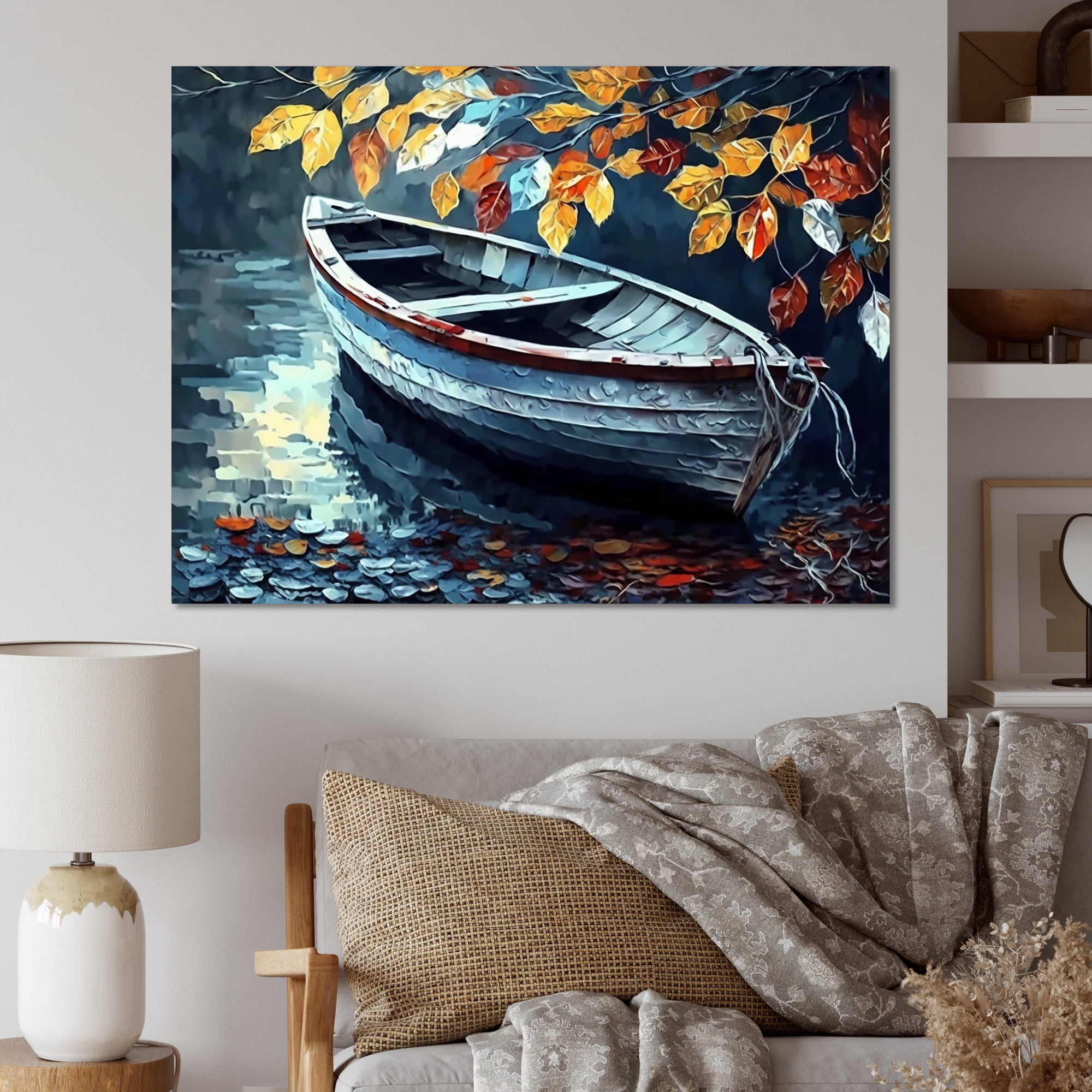 Designart Canoe On A Lake In Fall V Canvas Wall Art
