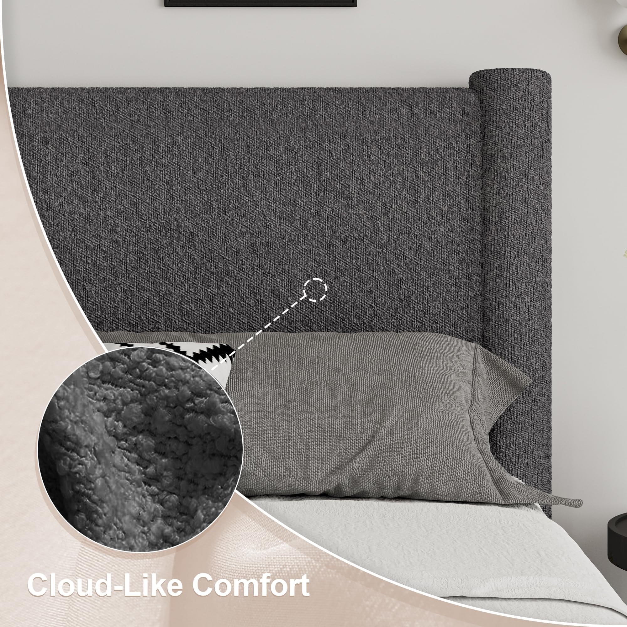 4 EVER WINNER Queen Bed Frame, Queen Size Bed Frame, Upholstered Queen Bed with Rounded Legs, Boucle Bed Frame with Headborad, Dark Grey