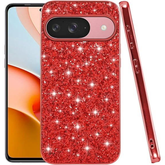 Compatible with Google Pixel 9 Case Glitter Shockproof, Google Pixel 9 Phone Case Bling Sparkly TPU and PC Silicone Shiny Girl Women Thin Protective Cover (Red)