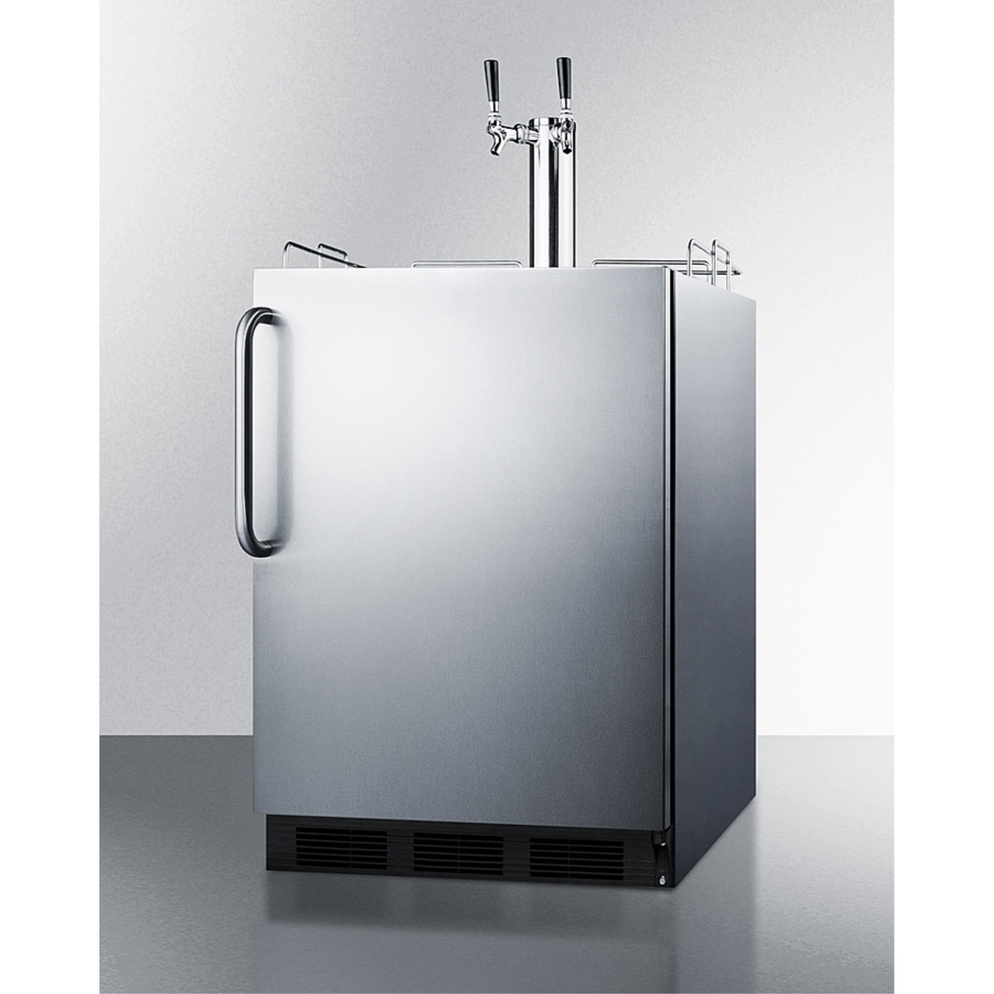 Built-in kegerator for use under ADA compliant counters with dual tap kit for two 1/6 kegs
