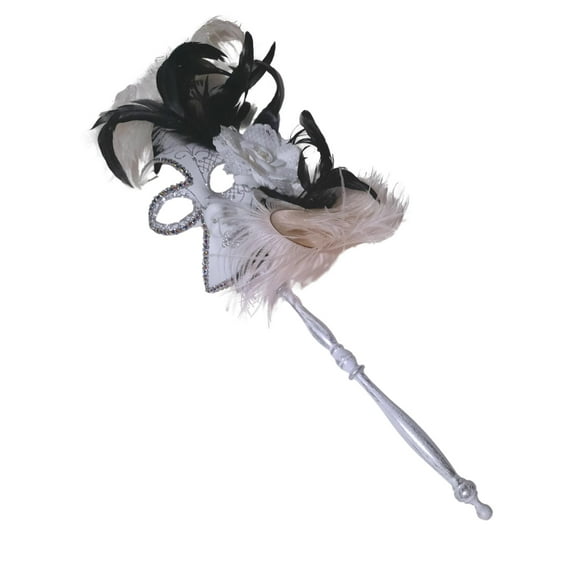 White Silver Fancy Feather Flower Stick Masquerade Mardi Gras Mask