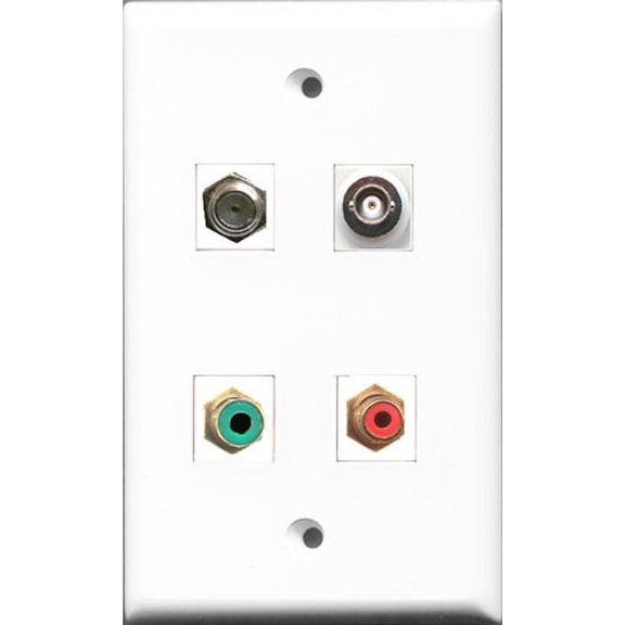 RiteAV 1 Port RCA Red and 1 Port RCA Green and 1 Port Coax Cable TV- F-Type and 1 Port BNC Wall Plate