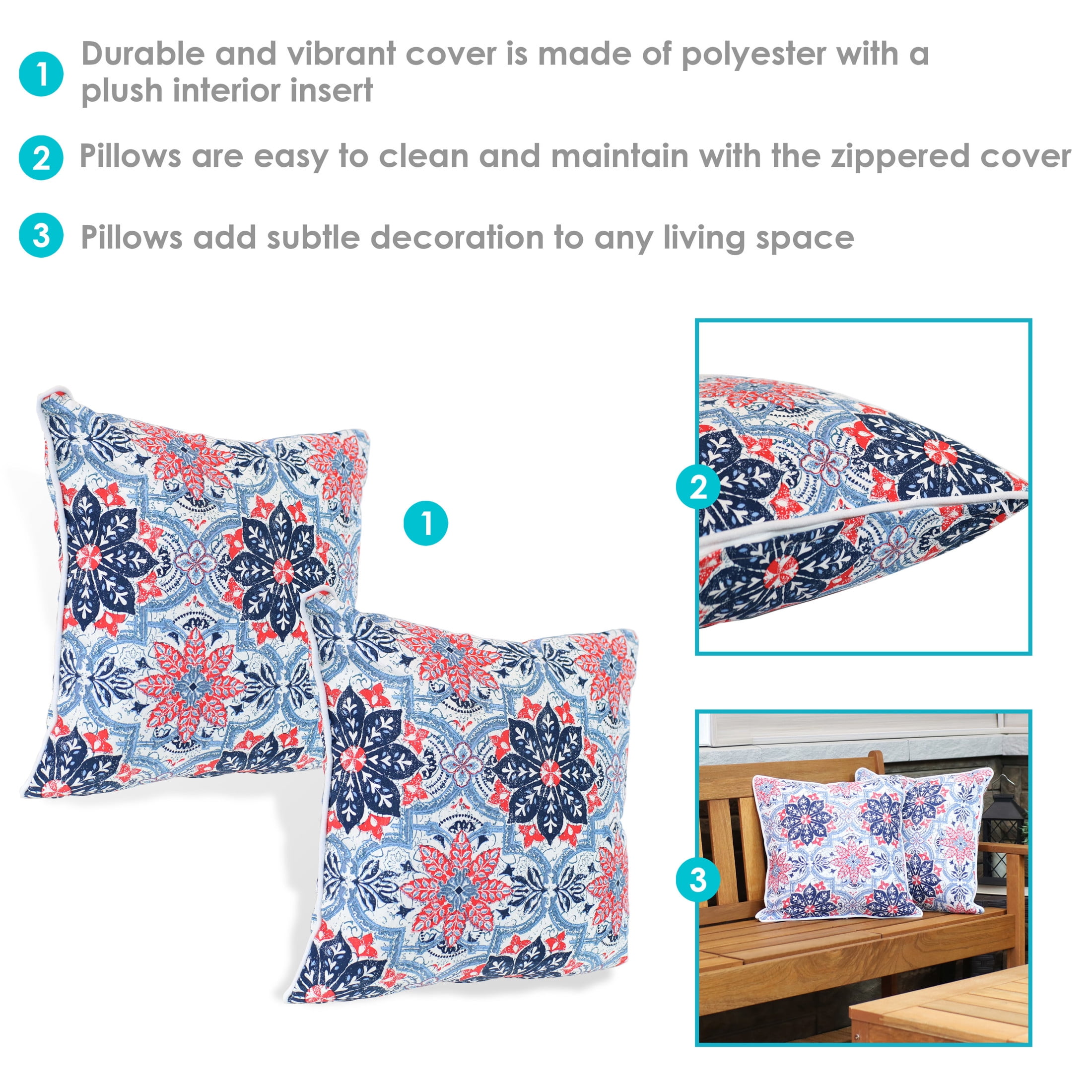 Sunnydaze 16" x 16" Red and Blue Floral Polyester Square Outdoor Throw Pillows, 2 Count