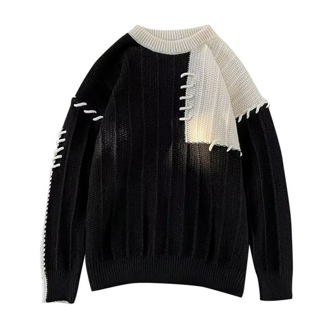 MIASHUI Color Block Sweater Men Fall Winter Loose Casual Lazy Style Design Niche Pullover Knit Shirt Long Sleeve Unique Black,M