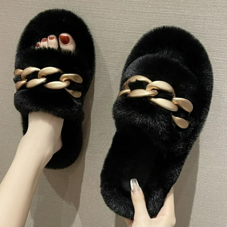 

PIKADINGNIS Winter House Women Fur Slippers Fashion Cross Band Warm Plush Ladies Fluffy Shoes Cozy Open Toe Indoor Fuzzy Slides For Girls