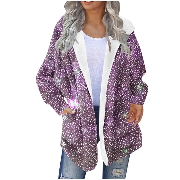 wdsxpo Womens Winter Jackets with Hood Printed Plus Size Warm Fluffy Fleece Jacket Trendy Casual Fuzzy Long Sweater Cardigan Coat