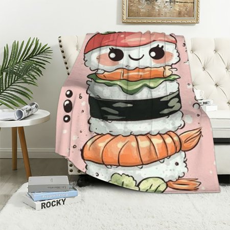 Autua Cute Sushi Blanket Pink Japanese Food Kawaii Roll Smiling Faces Throw Blankets Gifts for Kids Adults Lightweight Soft Cozy for Sofa Couch Bed Room Birthday Decor 40x50in