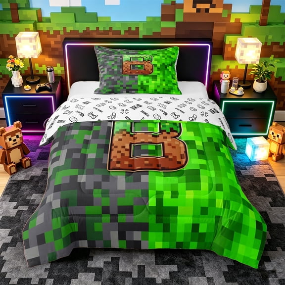 Castle Fairy Pixelated Miners Letter B Twin Comforter Sets 3-Piece for Kids,Gaming Blocks Bedding Set