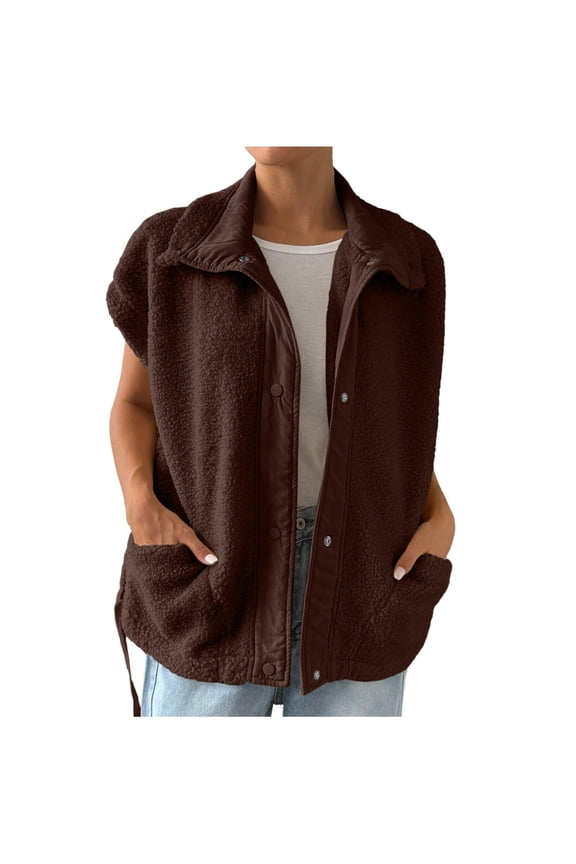 Women's Lambskin Zip Up Vest, Lapel Collar Button Accent, Plush Fleece Lining, Warm Winter Tank Jacket, Casual and Chic Outerwear for Cold Weather,Coffee L