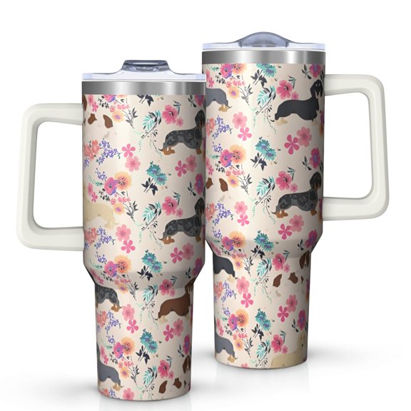 OBREWU Dachshund and Flower Tumbler with Handle and Lid,Dachshund and Flower 40oz Double Wall Vacuum Insulated Tumbler,Cups Gift for Women and Men
