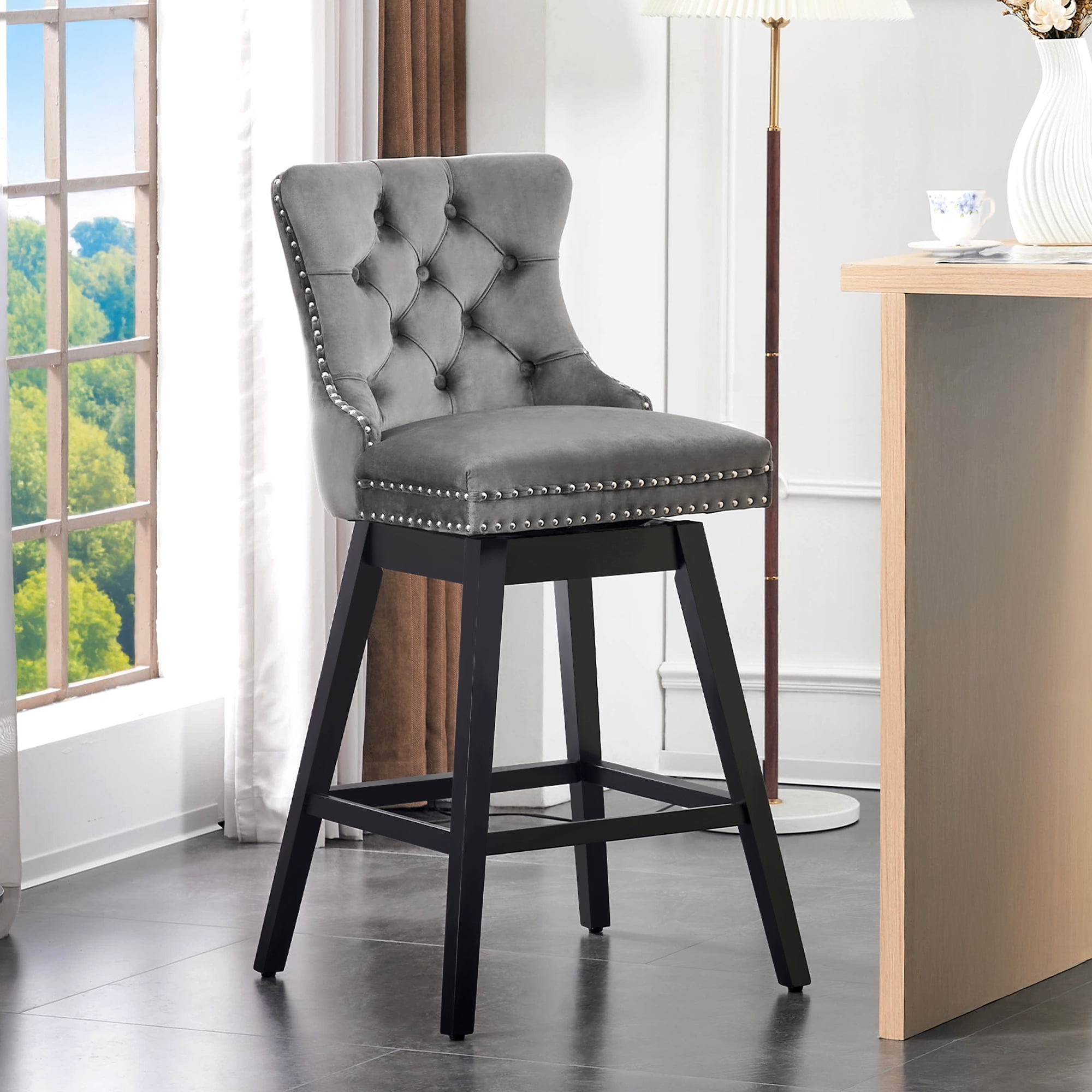TEWLOSS Counter Height Bar Stools Swivel 26" Velvet Barstools for Kitchen Island, Gray