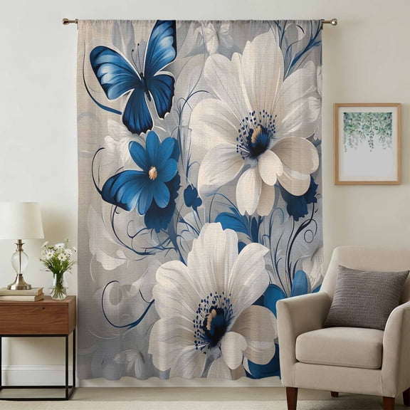 White Blue Flowers Sheer Curtains 45 Inches Long, Vintage Elegance Butterfly Floral Light Filering Curtains, Breathable Simi Curtain Privacy Drapes for Kitchen Bathroom Small Window Treatment