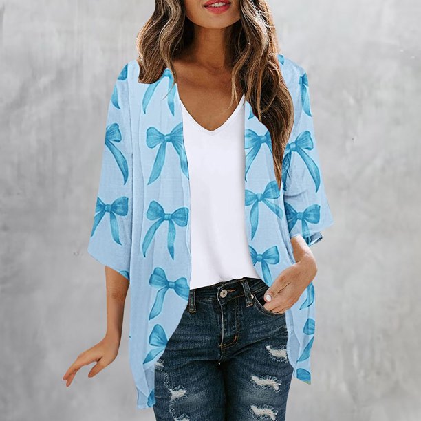 Cárdigan de mujer, moda informal, primavera y verano, estampado, manga 1/2, cárdigan de poliéster para mujer
