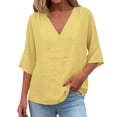 thumbnail image 6 of Admvng Woman's Tops V Neck Solid 3/4 Sleeve Casual Plus Cotton Linen Summer Basic Nice Loose Tee Shirts Size S-3XL, 6 of 8
