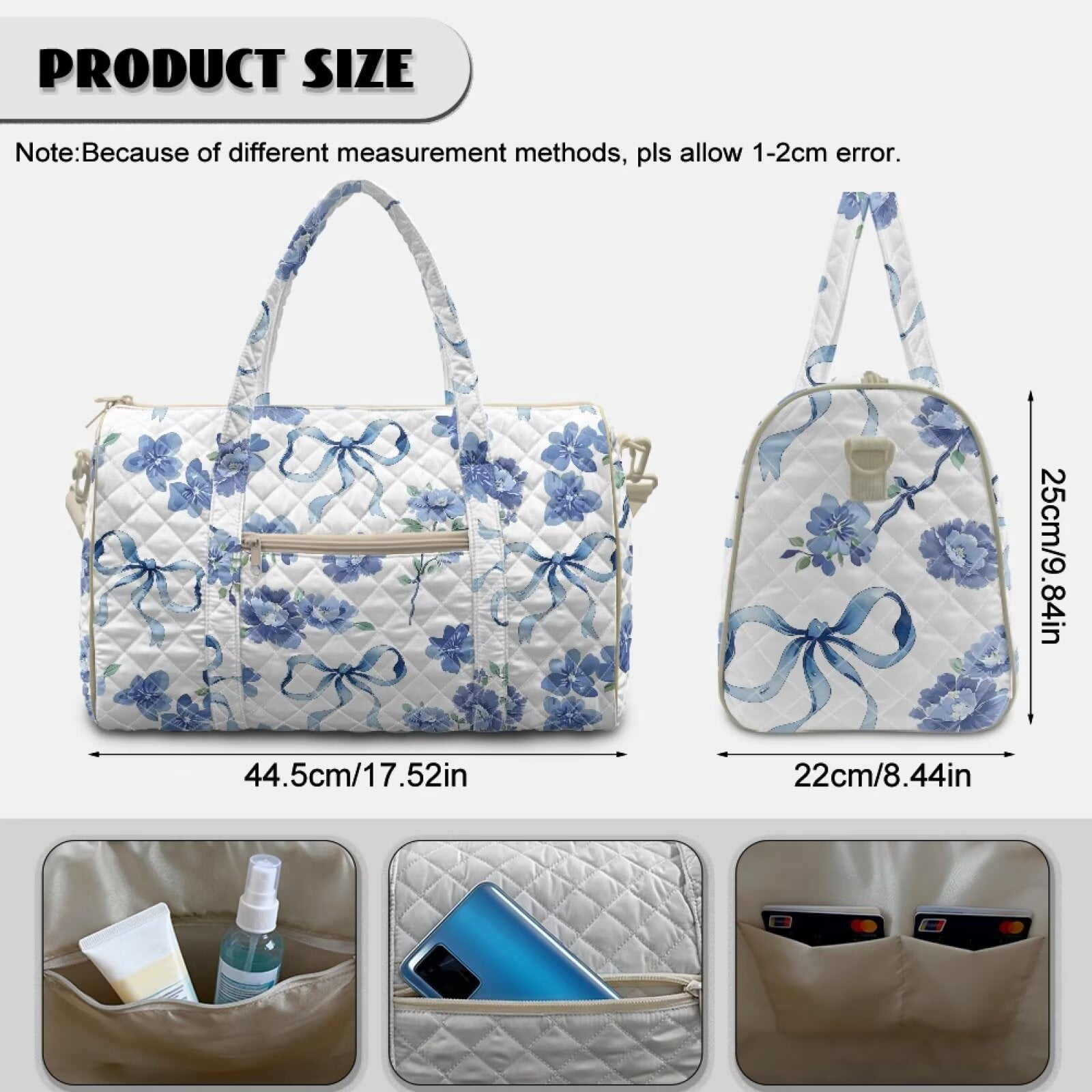 Garronmavis Blue Floral Bow Quilted Large Duffel Bag for Women, Carry On Weekender Bag Overnight Travel Bag with Luggage Sleeve, Adjustable Shoulder Strap