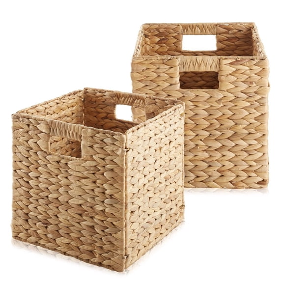 2PCS 10" x 10" Water Hyacinth Storage Baskets, Natural - Set of 2 Collapsible Cube Organizers, Woven Bins for Bathroom, Bedroom, Laundry, Pantry, Shelves