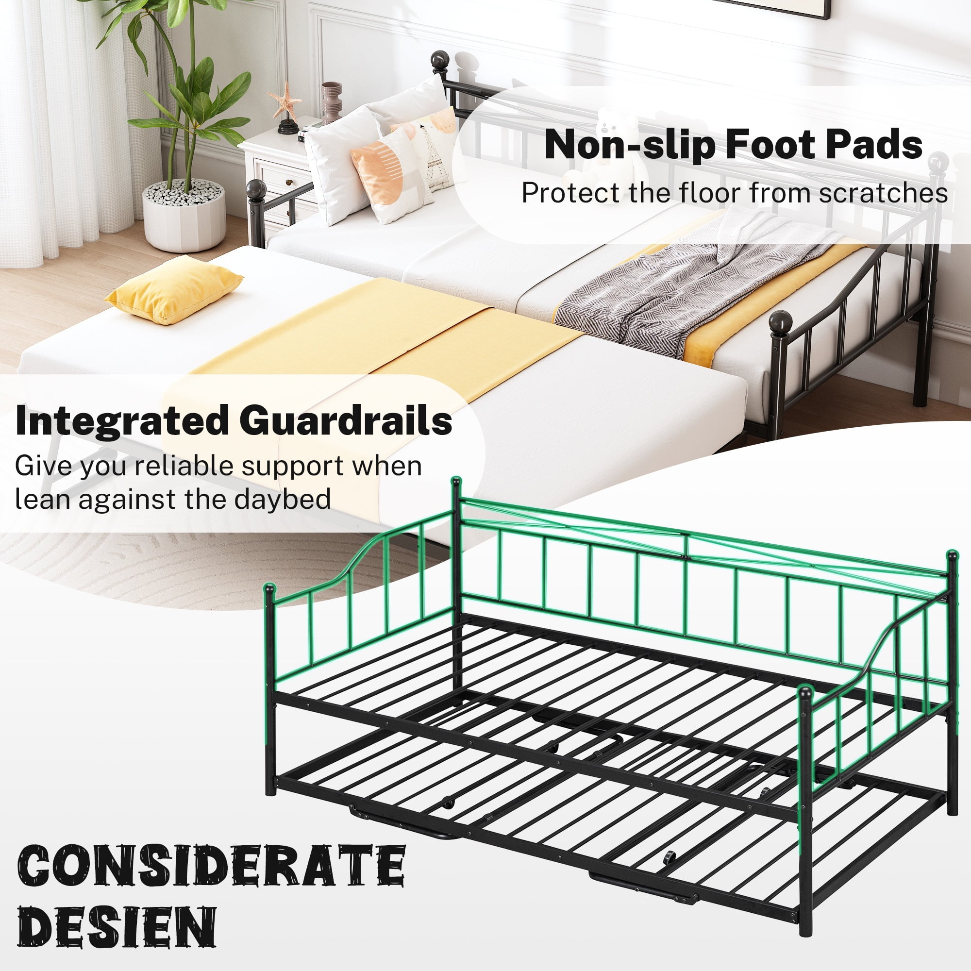 PAPROOS Daybed with Trundle Included, Twin Size Metal Daybed Frame with Pull out Trundle Bed, No Box Spring Needed, Black