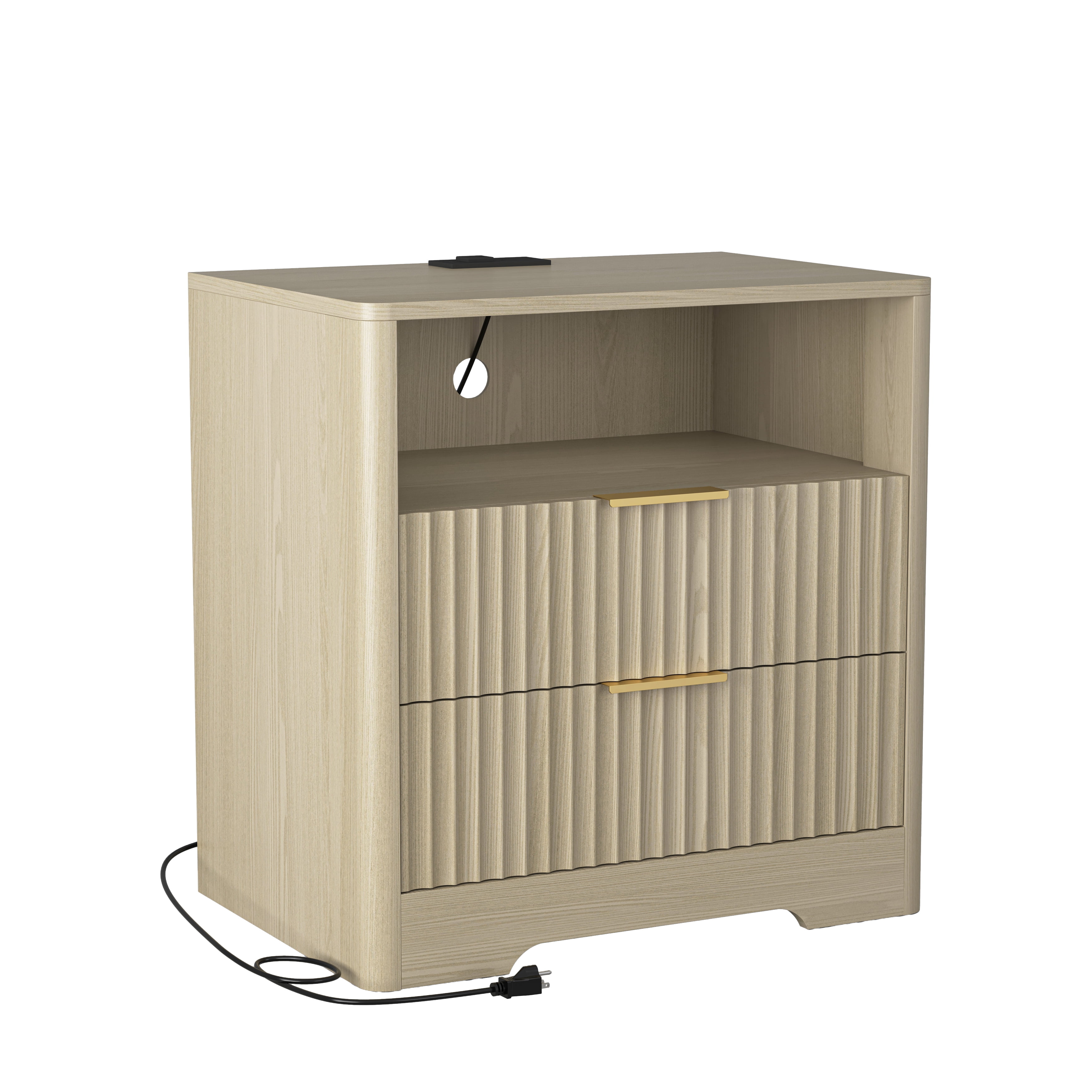 Nightstand with Charging Station, Smart Nightstand with Night Light,Bedside Tables with Storage Cabinet for Bedroom, Wood