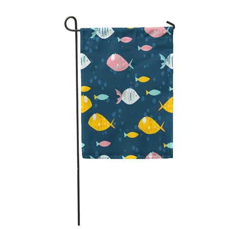 SIDONKU Blue Aquarium Funny Fish Pattern on Dark Colorful Baby Cartoon Childish Comic Garden Flag Decorative Flag House Banner 28x40 inch