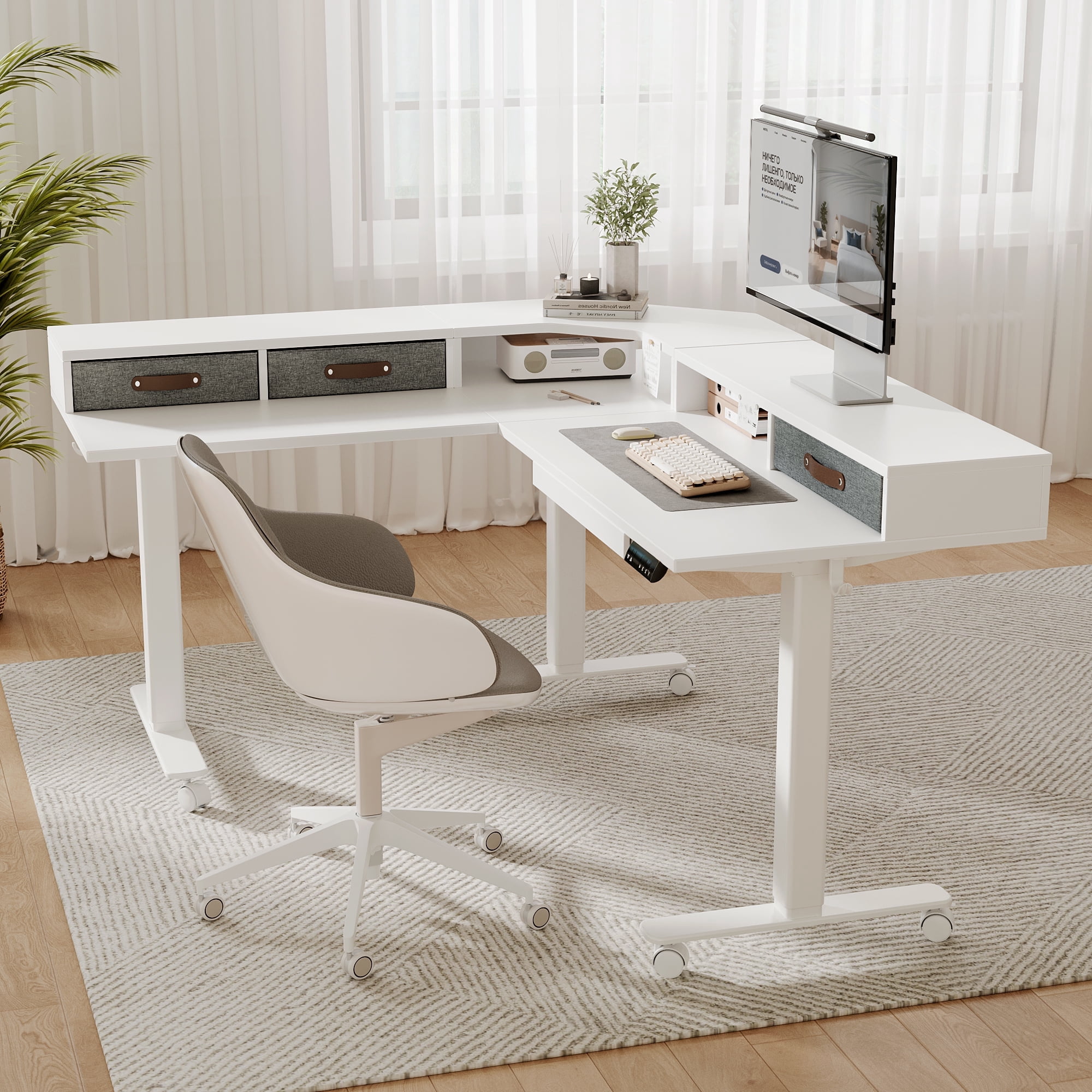 INNOVAR Dual Motor 63" L Shaped Standing Desk with 4 Drawers, Electric Height Adjustable Sit to Stand Coner Desk W/Monitor Stand & Splice Board, Stand up Computer Desk for Home Office,White Top