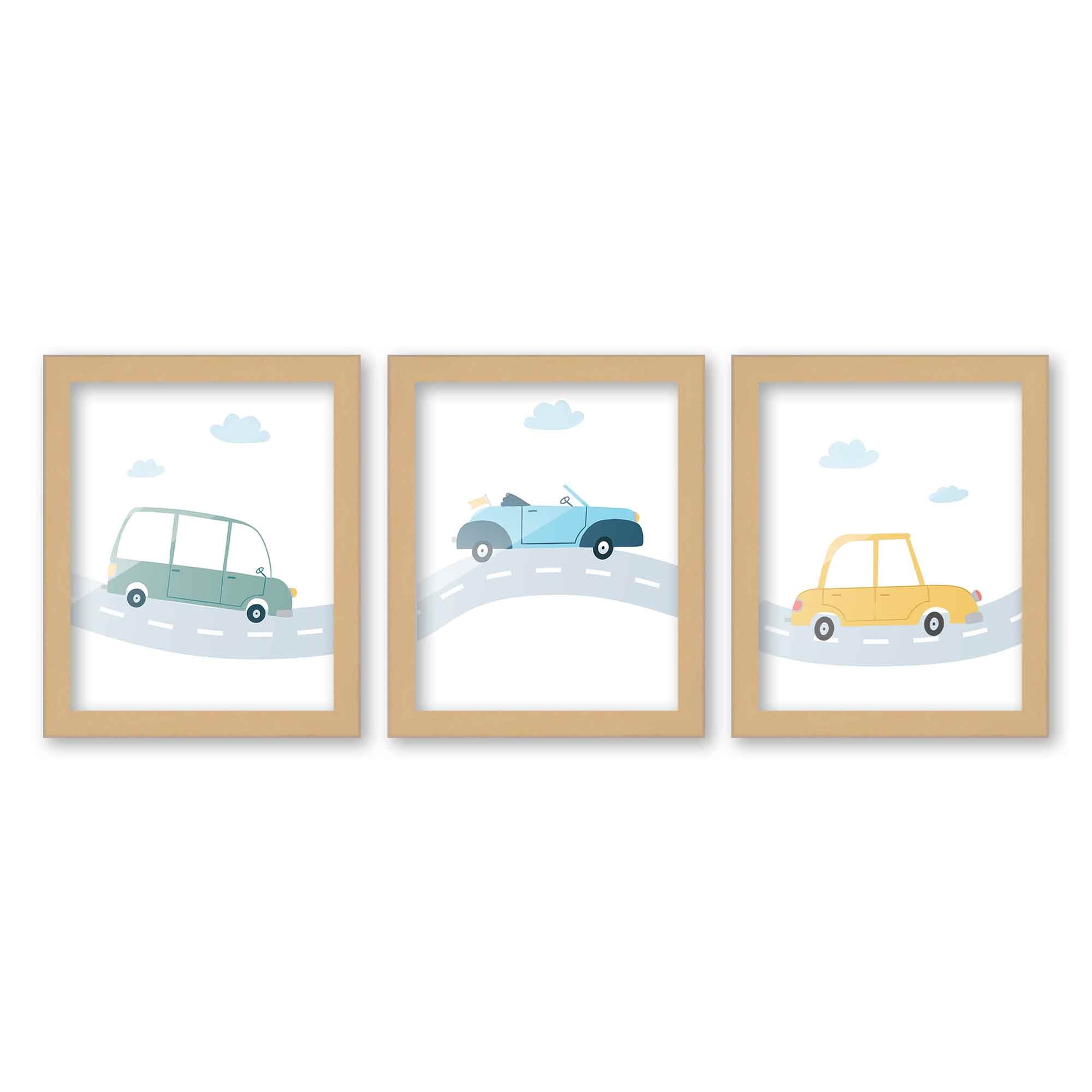 8x10 Framed Nursery Wall Art Set of 3 Hand Drawn Car Prints in Natural Wood Frames