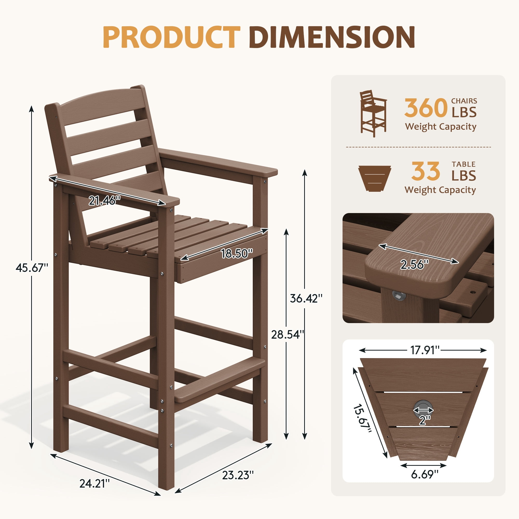 RIAFUN HDPE Height Bar Stools Set of 2 with Removable Connecting Table, Weather Resistant Outdoor Tall Adirondack Chairs with Umbrella Hole for Patio, Poolside, Garden, Brown