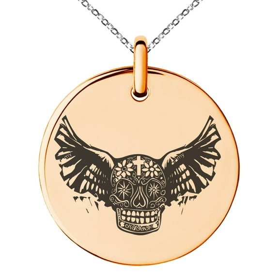 Stainless Steel Day of the Dead Winged Skull Engraved Small Medallion Circle Charm Pendant Necklace