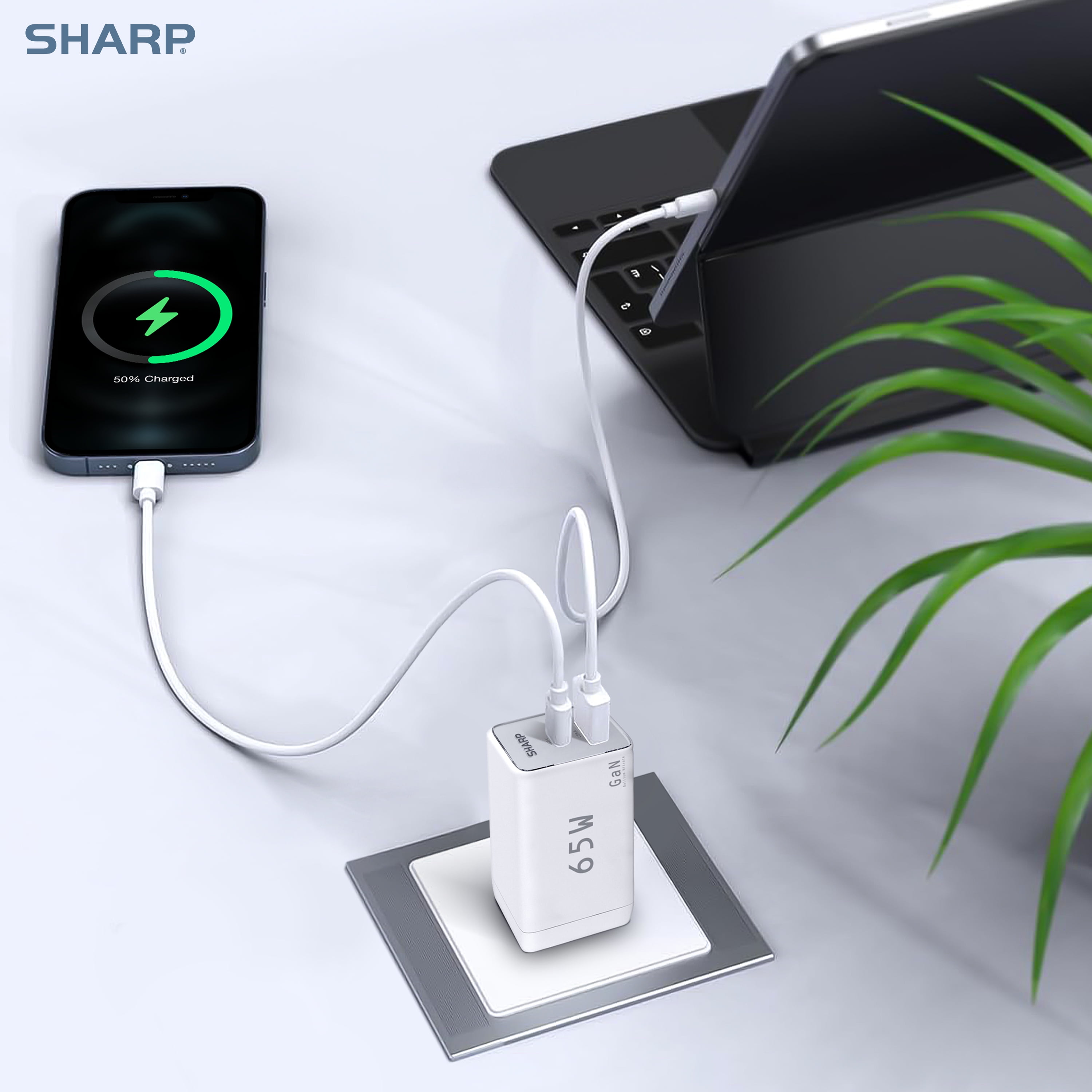 Sharp USB C Charger, 65W, 2 Port (USB A+C), Compact Foldable GaN Fast Charge for MacBook Pro/Air, iPad Pro, Galaxy S23, Dell XPS 13, Note 20/10+, iPhone 15/Pro, and More - White, G451A1CU-WHT