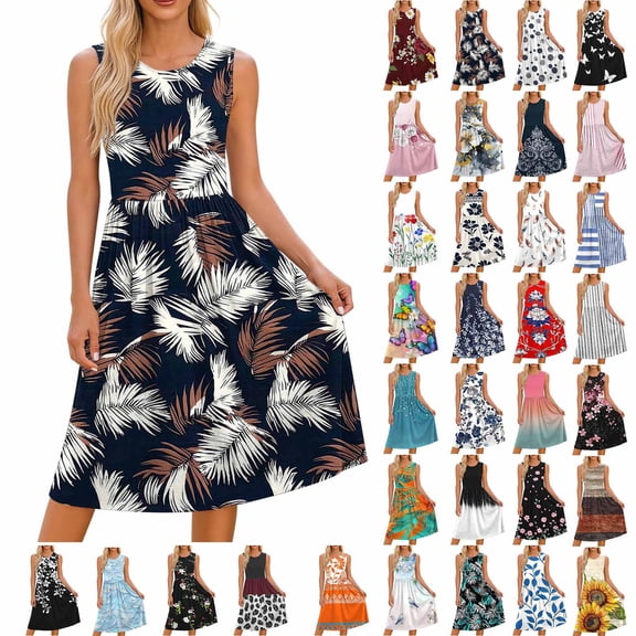 XUNKUSGA Summer Dresses for Women Fashion Floral Print Sleeveless A-Line Pleated Midi Sun Dresses Casual Loose Flowy Beach Vacation Tank Dresses