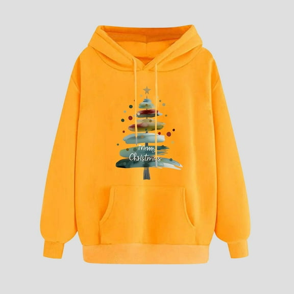 Fashion Sweatshirts and Hoodies for Women Teen Girls Xmas Graphic Printed Drawstring Hooded Pullover Holiday Tops (XL, Yellow 04)