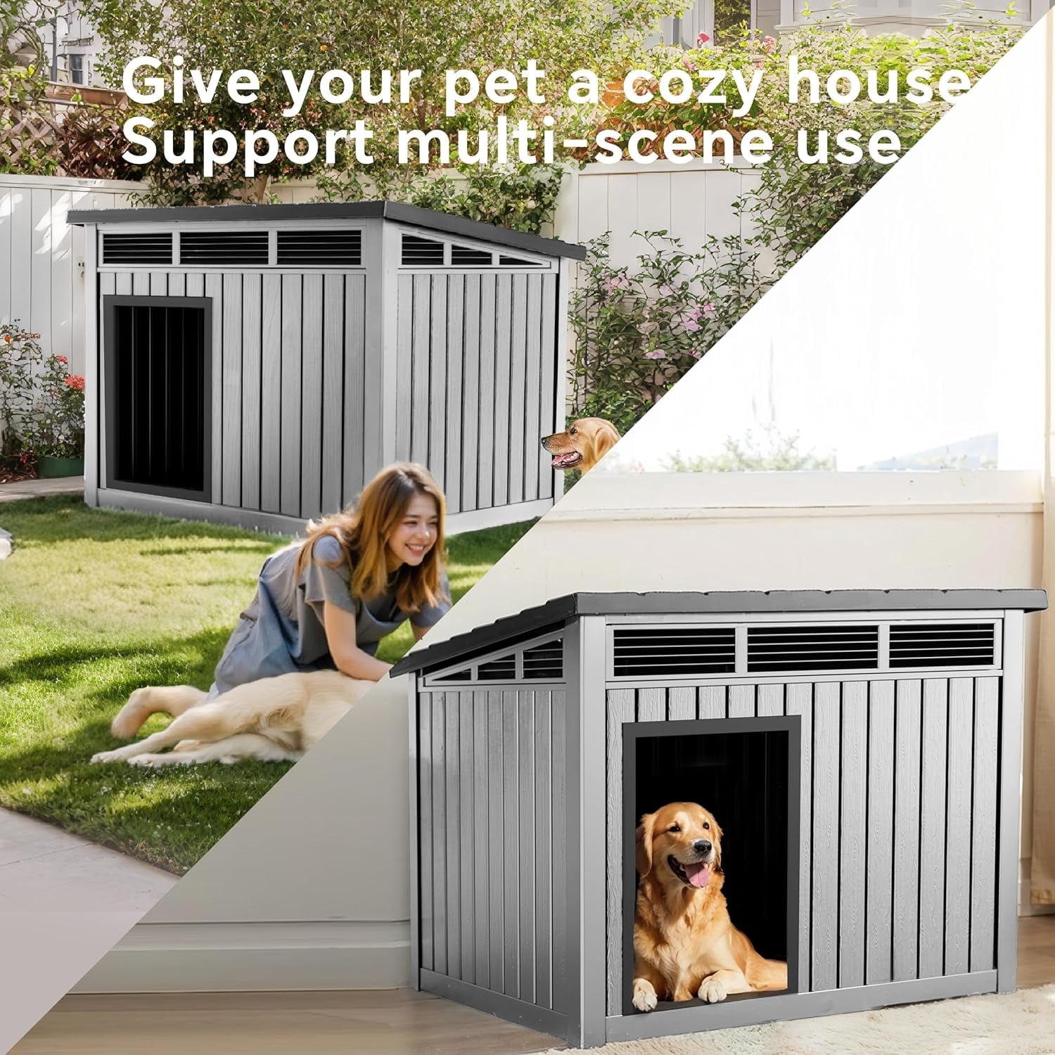 OFFIGAM Weatherproof Insulated Resin Dog House Grey Black Indoor Outdoor Medium Large 42.87x32.95x31.61in