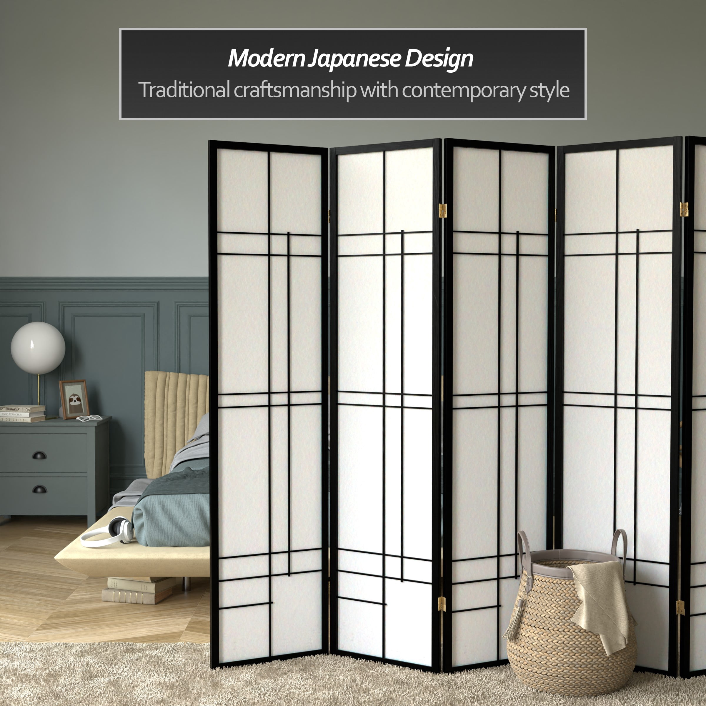 Red Lantern 6 ft. Tall Eudes Shoji Screen - Black - 5 Panels