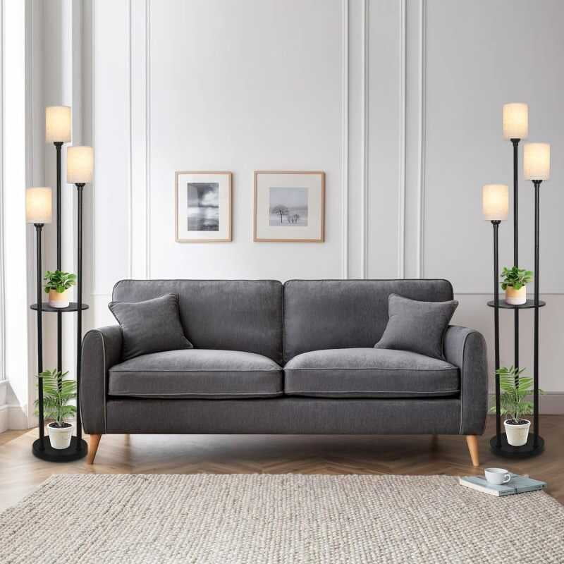 Shees, Modern Floor Living Room, 3-Lights with Linen Shade and Foot Switch, Industrial Standing Lamps Bedroom, Black Tall Table Lamp for Office