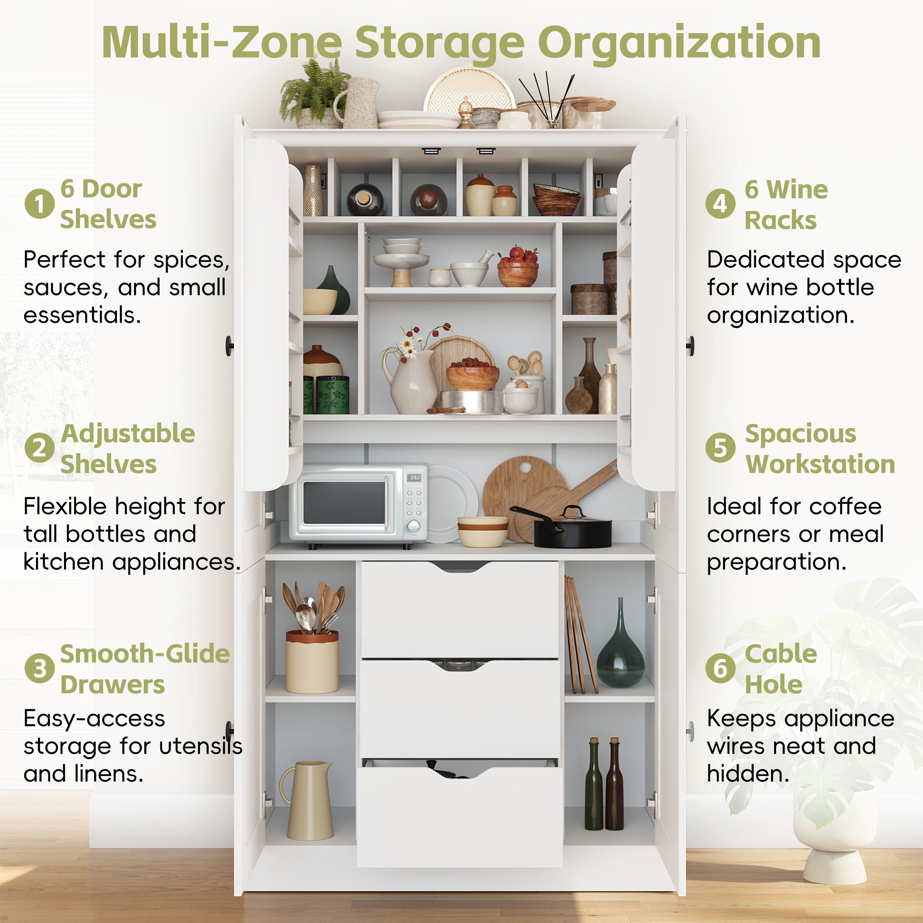 Euroco 70.9" Kitchen Pantry Cabinet with 3 Drawers, Farmhouse Tall Storage Cabinet with 6 Door Shelves, Removable Shelves and 6 Wine Racks,Freestanding Cupboard for Dining Room,White
