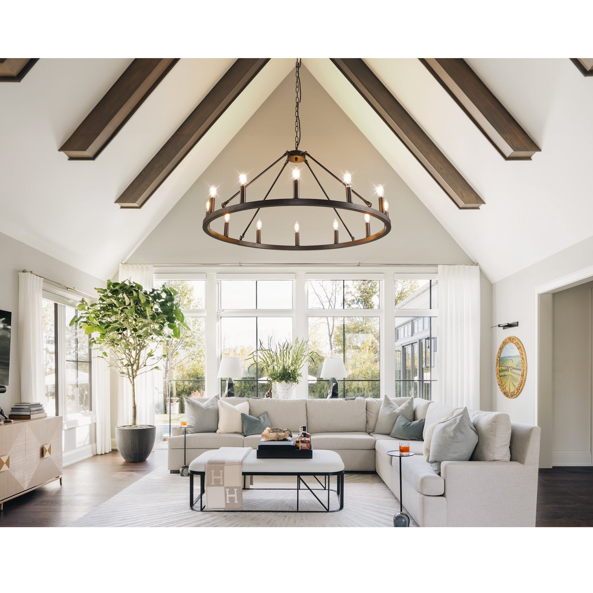 Magic Home 12-Light Wagon Wheel Chandelier,Modern Farmhouse Large Round Chandelier,Round Kitchen Island Light,Black frame + black lamp head