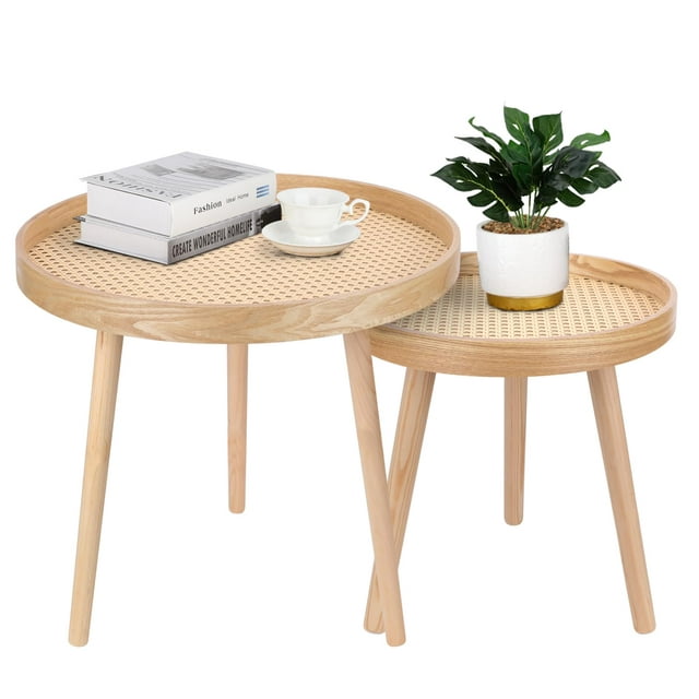 Juego de mesa de café ZYBT de ratán bohemio natural redondo (2 piezas)