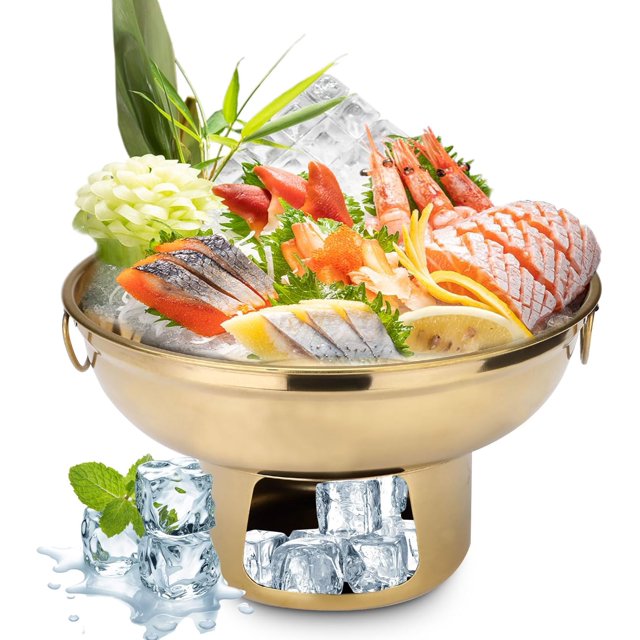 Roucerlin Stainless Steel Chilled Serving Trays for Parties, 8.6 In Ice Chilled Party Platter Hotpot with Ice Underneath, Cold Food Buffet Server Container Dish for Fruit Salmon Snack Shrimp (Gold)
