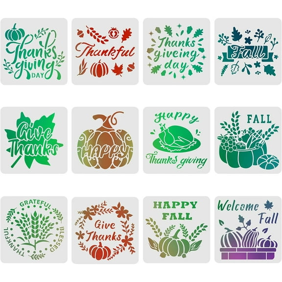 12 Pcs Fall Thanksgiving Stencils Drawing Painting Templates Sets 11.8x11.8inch Plastic Drawing Painting Stencils Scale Template Sets for DIY