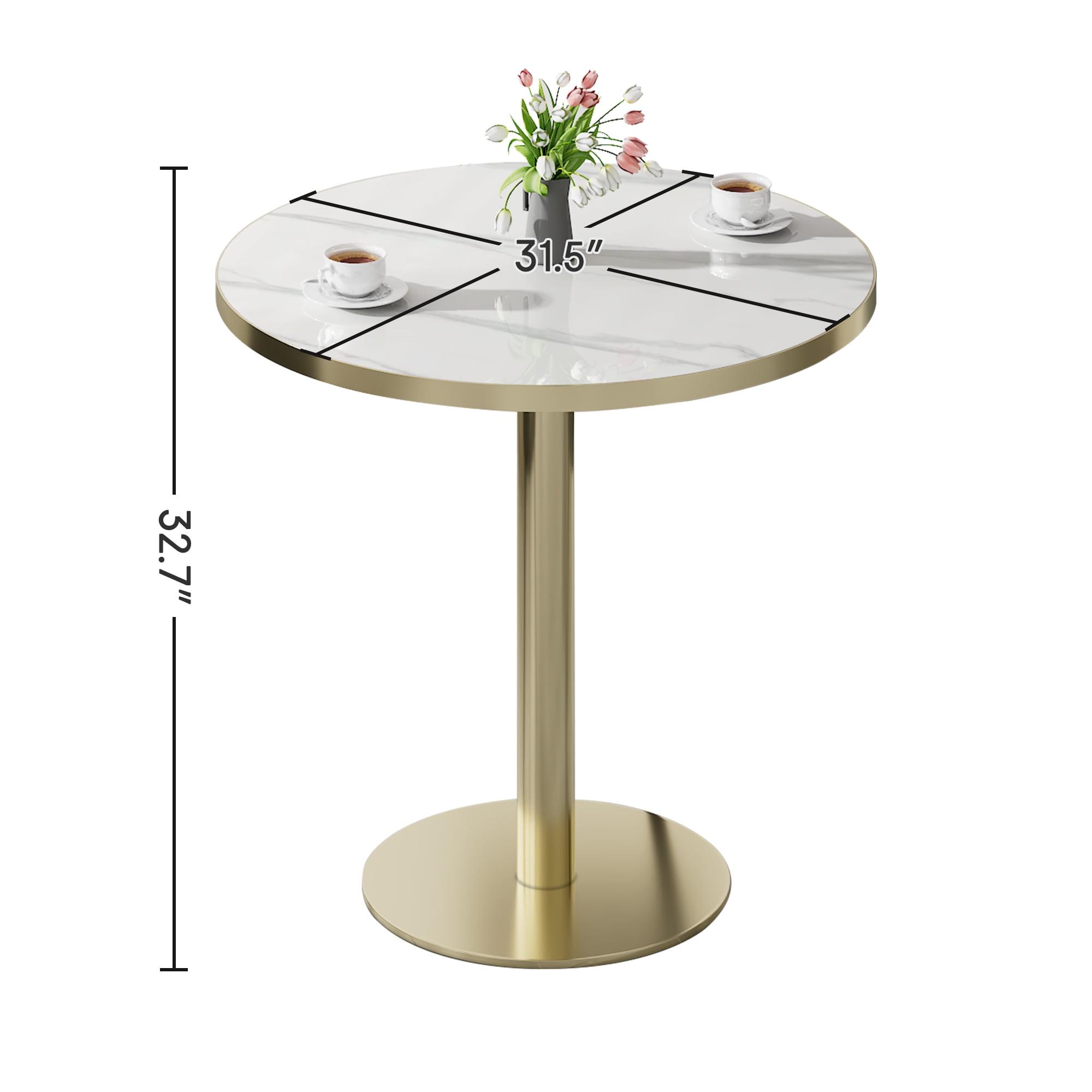 31.5 in Round Tulip Dining Table, Sintered Stone Top, Gold+White