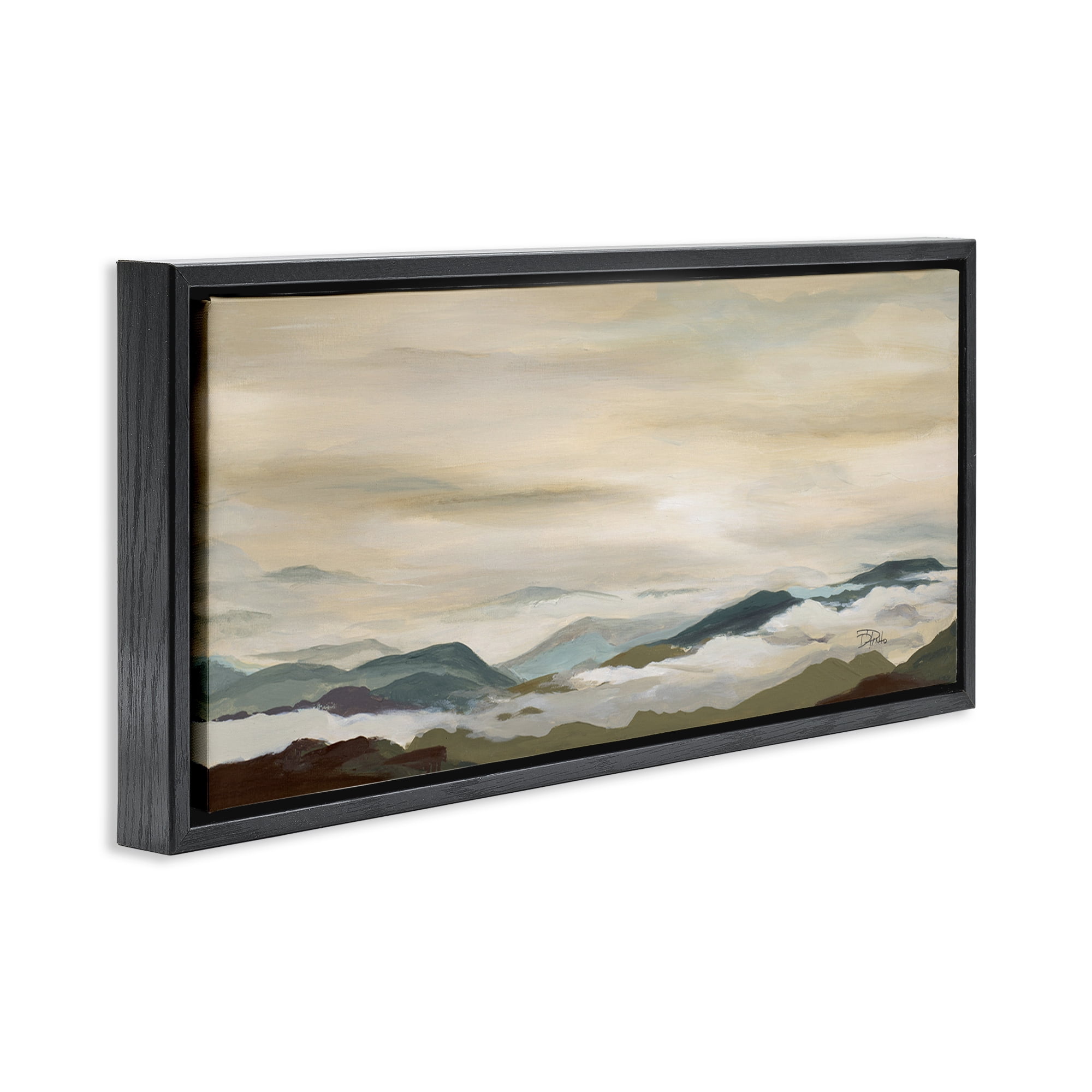 Stupell Industries Solemn Mountains Peeking Landscape Painting Black Floater Framed Canvas Art Print Wall Art, 31 x 14