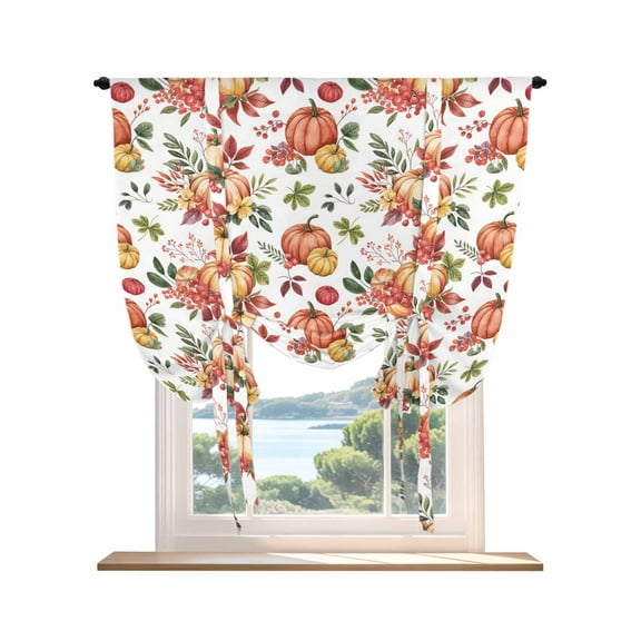 Thanksgiving Pumpkin Tie Up Curtains for Windows 63 Inch Length Balloon Curtains Kitchen Adjustable Balloon Window Shade White Orange Fall Leaves Country Tie Up Bathroom Curtain Window 42"x63"