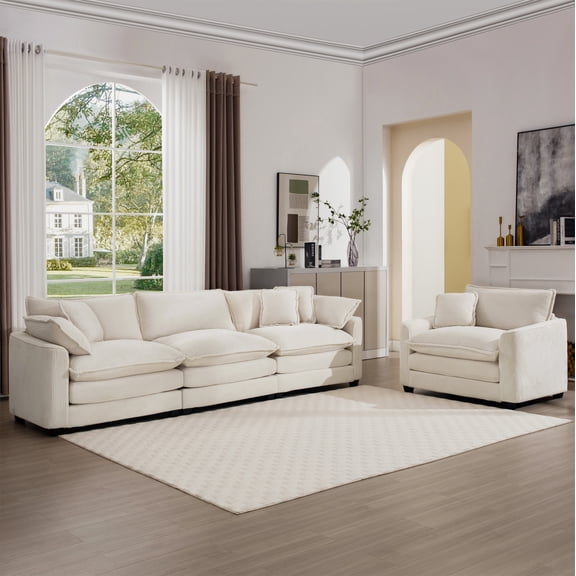 Miekor Furniture Mid-Century Modern Set of 2 Sofas with One 3-Seater Sofa and One Single Accent Chair, Light Beige Corduroy Fabric 0776