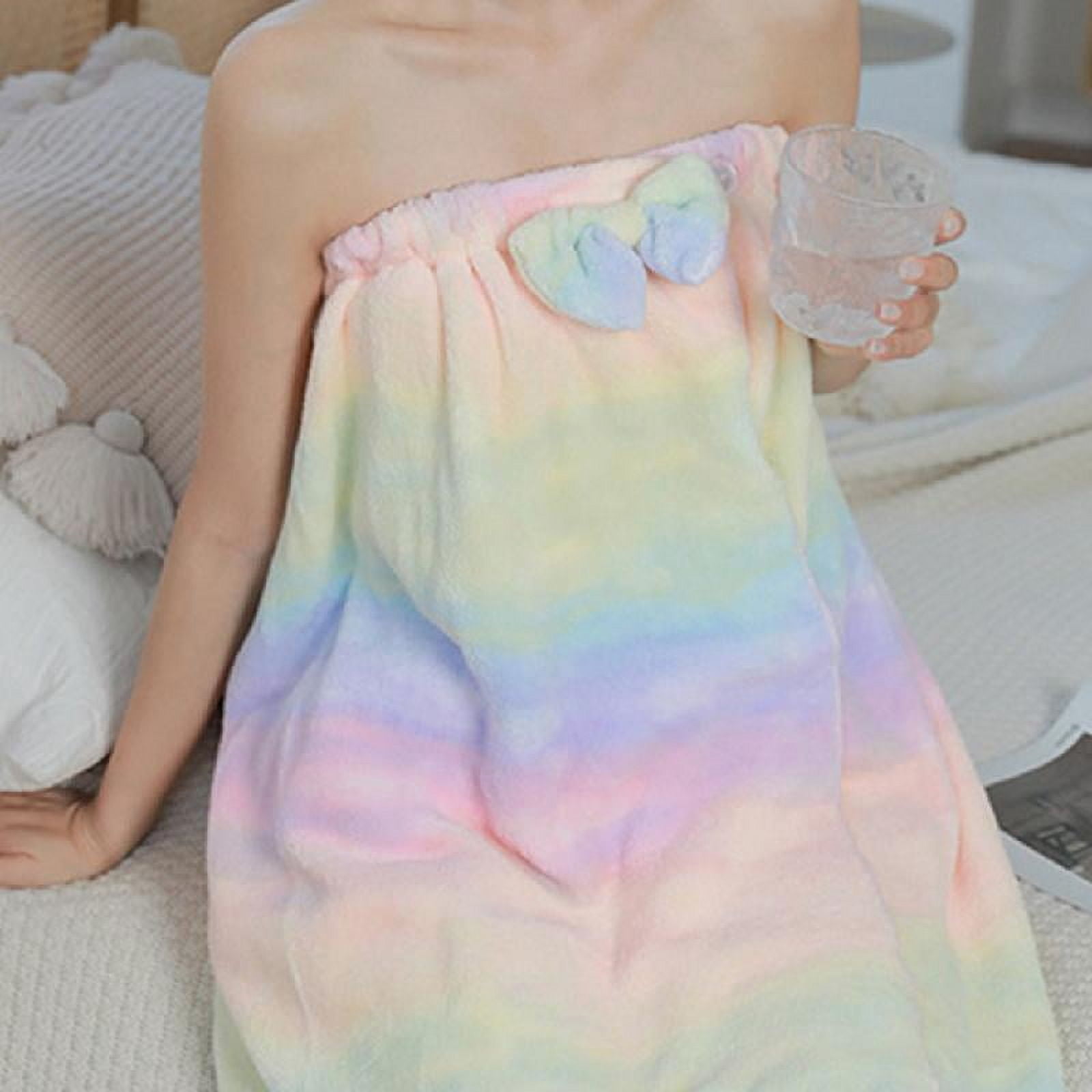 Yammee 3pcs Women Bath Towel Wrap Set Rainbow Striped Shower Bathrobe Hair Cap Headband
