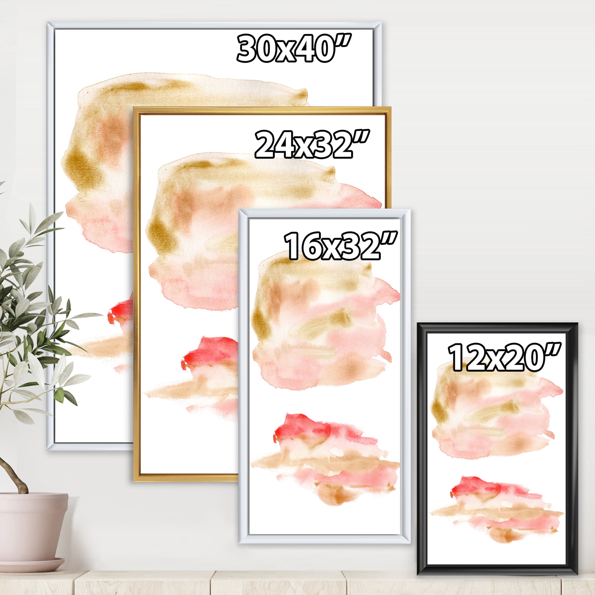 Designart 'Abstract Clouds Set With Pink Gold Beige and Red' Modern Framed Canvas Wall Art Print