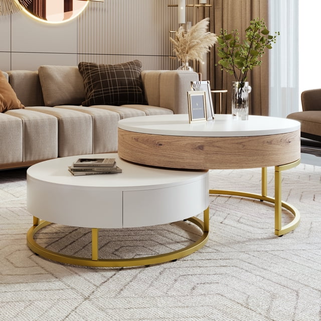 Noble House Tables Basses Gigognes Rondes avec 2 Tiroirs, Blanc et Naturel