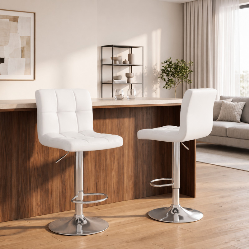BEAUTYPEAK Adjustable Bar Stools Set of 2 PU Leather Swivel Counter Height Chairs with Backrest and Footrest, White