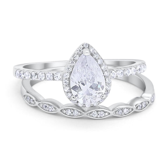 Two Piece Pear Teardrop Ring Round CZ 925 Sterling Silver Size 5