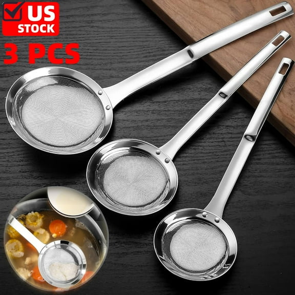 3 PCS Sieve Fine Mesh Strainer Set Stainless Steel Metal Flat Cooking Skimmer Ladle - S, M, L