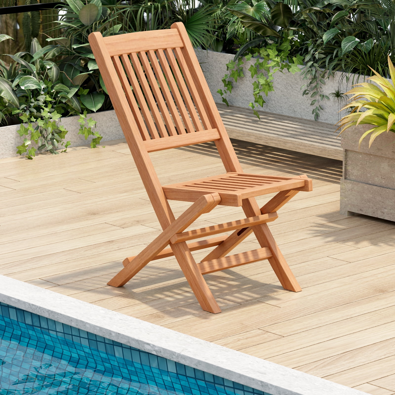 Costway 2PCS Patio Folding Chair Indonesia Teak Wood Slatted Seat Natural Portable Outdoor
