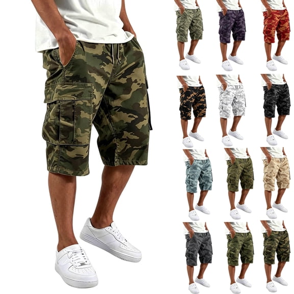 Resicozy Camo Cargo Shorts for Men Drawstring Elastic Waist Cargo Bottoms Relaxed Fit Knee Length Casual Outdoor Pant with Pockets Army Green 2XL